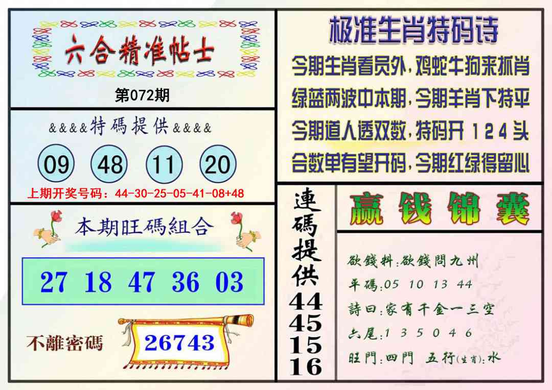 072期精准贴士[图]